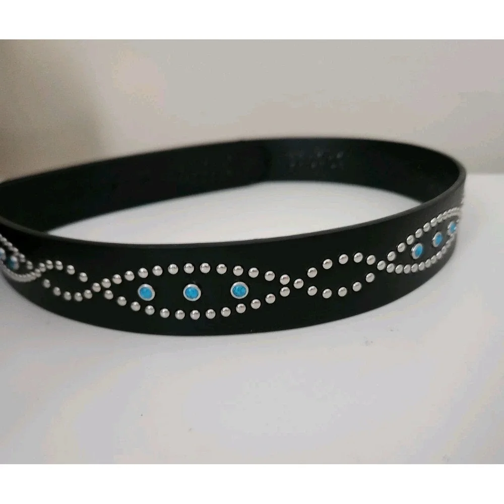 TRUE RELIGION Women Stone Embellished Southwestern Faux Leather Black‎ Belt L/XL